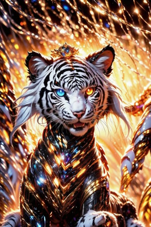 (mecha tiger,robot cat),(black and white entanglement),(crystal and silver entanglement),Masterpiece, beautiful details, perfect focus, uniform 8K wallpaper, high resolution, exquisite texture in every detail, ((background Blur: 2)),  accessories like leaf-shaped earrings and flower crowns.  break pastel,perfect light
,glowing eye,cat