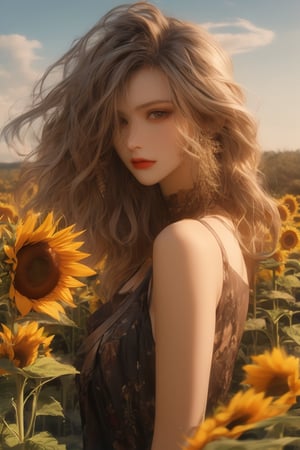  A beautiful woman. Sunflower field. Best Quality, Crazy Details and Sharp Focus, Masterpiece, Professional, Award Winning, Fine Detail, High Detail, UHD, 64k, Soft Look