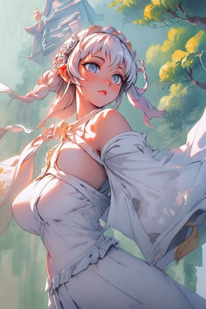 (extremely detailed CG unity 8k wallpaper),(((masterpiece))), (((best quality))), ((ultra-detailed)), (best illustration),(best shadow), ((an extremely delicate and beautiful)),dynamic angle,floating, solo,((1girl)),{long wavy curly hair},expressionless,((white idol dress)), anglesailor dress,(detailed wet clothes),silk shawl,bikini,underboob, frills,cute anime face,blush,(beautiful detailed eyes), (detailed light),feather, nature, (sunlight), river, (forest),(((floating palace))),beautiful and delicate water,(painting),(sketch),(bloom),(shine),