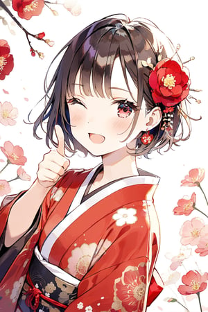 a cute girl,dark brown short hair BREAK red flower hair ornament BREAK red kimono,（eyes closed：1.4）,（double thumbs up：1.2）,:d,natural light,dangle earrings,flower hairpin,blush,masterpiece, best quality, aethetic