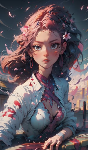full body,Blood Mist, background_Urban rooftop,1 girl,despair,blood sakura,((masterpiece)), (((best quality))), ((ultra-detailed)), ((illustration)), ((disheveled hair)),Blood Cherry Blossom,torn clothes,crying with eyes open,solo,Blood Rain,bandages,Gunpowder smoke,beautiful deatailed shadow, Splashing blood,dust,tyndall effect,fantasy00d