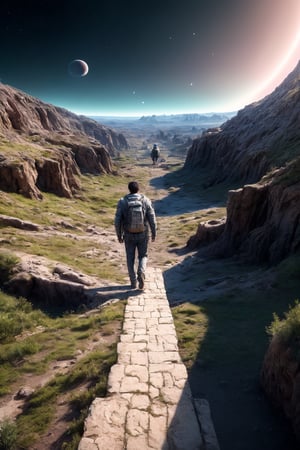 (Masterpiece), (hyper-realistic), (perfectly Detailed) image of the back of an astronout, 1boy, walking alone in an unknown and ancient landscape, full of bizzare yet fascinating flora and fauna. Even though hes alone but he still maintain his calm and keep walking forward. Artistic photography, absurdres, masterpiece 8K HDR quality image