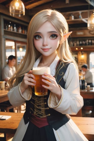 (masterpiece, best quality, highres:1.3), ultra resolution image, niji, sketch, manga, 1girl, upper body, holding_cup, beer, cafe, grin, very_long_hair, elf, pale_skin, pirates