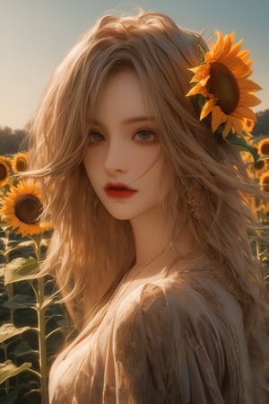  A beautiful woman. Sunflower field. Best Quality, Crazy Details and Sharp Focus, Masterpiece, Professional, Award Winning, Fine Detail, High Detail, UHD, 64k, Soft Look