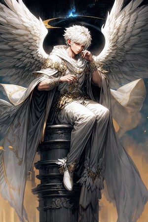 8k, Fluffy White Angel male perched upon golden bejeweled tower in a heavenly utopian city, huge feathery angel wings, glowing nebula eyes, white flowing clouds, ivory armor with diamond gem inlay, trending on artstation, sharp focus, studio photo, intricate details, highly detailed, by tim burton