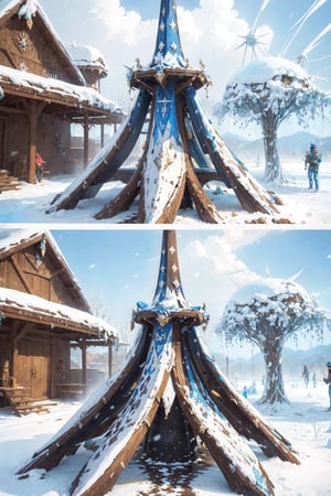 masterpiece, panels solar tree. on top of the snow, very high quality, ultra high definition, 32K, ultra photorealistic, high detail, more detail, BurningMan festival style, meting point statue,velvaura