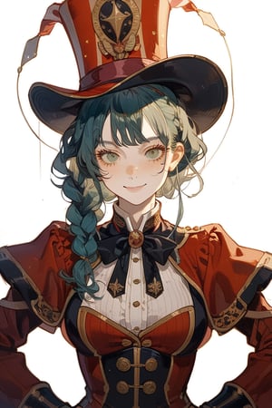 masterpiece, top quality, aesthetic, warrior, circus, ringmaster costume, western style,, torso shot, a few freckles on the nose, long single braided hair, teal green hair, one girl, most beautiful girl, stunningly beautiful girl, gorgeous girl, 20 years old, big amber eyes, smiling