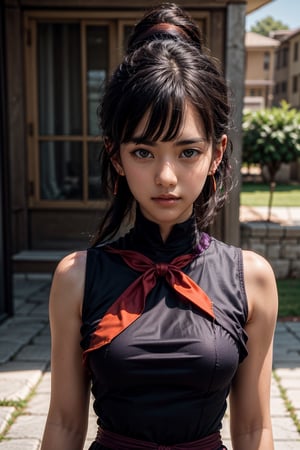   smile,   mature_woman, 27 years old, stern expression, frustrated, disappointed, flirty pose, sexy, looking at viewer, scenic view, Extremely Realistic, high resolution, masterpiece, 

dragon ball, bbchichi, single hair bun, hair bun, blunt bangs, sidelocks, black eyes, earrings, orange neckerchief, orange scarf, purple dress, sleeveless, bracelet




