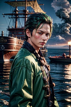  looking at viewer, scenic view, Extremely Realistic, high resolution, masterpiece, 
(pirate ship background, water, ocean), 

zoro, solo, looking at viewer, short hair, long sleeves, 1boy, jacket, upper body, weapon, male focus, japanese clothes, green hair, from side, scar, sheath, scar on face, sheathed, hair slicked back 