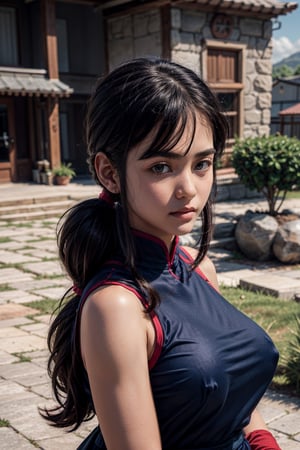   smile,   mature_woman, 27 years old, stern expression, frustrated, disappointed, flirty pose, sexy, looking at viewer, scenic view, Extremely Realistic, high resolution, masterpiece, 

dragon ball, bbchichi, (low ponytail:1.1), black eyes, chinese clothes, blue dress, sleeveless, wristband, sash



