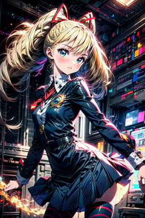 masterpiece, best quality, highres,  solo, 

TWINTAILS, TWIN DRILLS, Luna_MM, twin tails, drill hair, blonde, striped tights,blue dress, school uniform, skirt, blond_hair, big hair, big red ribbon in hair,

cowboy shot, space station, Aura, energy, glowing,swirling energy, dynamic pose, ,