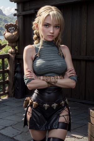   smile,   (mature_woman, 27 years old), stern expression, frustrated, disappointed, flirty pose, sexy, looking at viewer, scenic view, Extremely Realistic, high resolution, masterpiece, 

long blonde hair with a messy braid and some hair covering her left eye), light blue eyes, has a leather headband with metal spikes around it of her forehead, 

 sweater dress, sleeveless, turtleneck