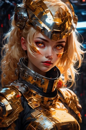 A girl with blond hair, intense golden red eyes, wearing Cyberpunk clothes,space helm cover her face uniform with her arms made of metal, against a dark background of inside a space station at night. detailed-eyes, details-face, details-lips,LuxuriousNeons Costume,  silver dress,tape_clothes,tape,upshirt