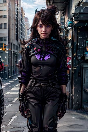   smile,   mature_woman, 27 years old,  flirty pose, sexy, looking at viewer, scenic view, Extremely Realistic, high resolution, masterpiece, 

long hair , brown hair, purple eyes, earrings, piercing, bangs,jaiden, jewelry, jacket, pants, belt, black gloves, gloves, fingerless gloves