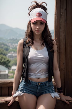   smile,   mature_woman, 27 years old, stern expression, frustrated, disappointed, flirty pose, sexy, looking at viewer, scenic view, Extremely Realistic, high resolution, masterpiece, 

hilda, long hair, hat, baseball cap, looking at viewer, sidelocks, high ponytail, shorts, ponytail, denim shorts, denim, short shorts, vest, shirt, wristband, sleeveless, white shirt, black vest, sleeveless shirt, thighs