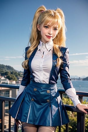  Blue dress, smile,  panties, mature_woman, 27 years old,Luna_MM, twin tails, drill hair, blonde, striped tights,blue dress, school uniform, skirt, blond_hair, big hair, big red ribbon in hair, stern expression, frustrated, disappointed, flirty pose, sexy, looking at viewer, scenic view,Extremely Realistic,TWINTAILS, TWIN DRILLS