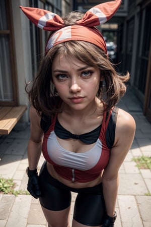   smile,   mature_woman, 27 years old, stern expression, frustrated, disappointed, flirty pose, sexy, looking at viewer, scenic view, Extremely Realistic, high resolution, masterpiece, 

may, 1girl, solo, looking at viewer, shirt, eyelashes, bike shorts, bandana, red shirt, hairband, medium hair, gloves, shorts, bow hairband, sleeveless, red bandana