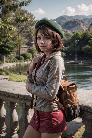   smile,   mature_woman, 27 years old, stern expression, frustrated, disappointed, flirty pose, sexy, looking at viewer, scenic view, Extremely Realistic, high resolution, masterpiece, 

gloria1, 1girl, gloria \(pokemon\), brown hair, solo, backpack, brown eyes, tam o' shanter, grey cardigan, pink dress, short hair, green socks, socks, brown bag, bob cut, bangs, long sleeves, collared dress,