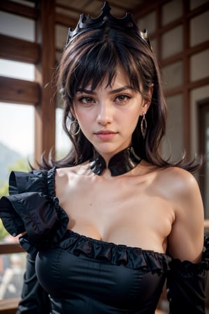   smile,   mature_woman, 27 years old, stern expression, frustrated, disappointed, flirty pose, sexy, looking at viewer, scenic view, Extremely Realistic, high resolution, masterpiece, 

bellelba, medium hair, earrings, crown, detached collar, off-shoulder dress, long dress, wide sleeves, white elbow gloves, pale dark purple hair, 
