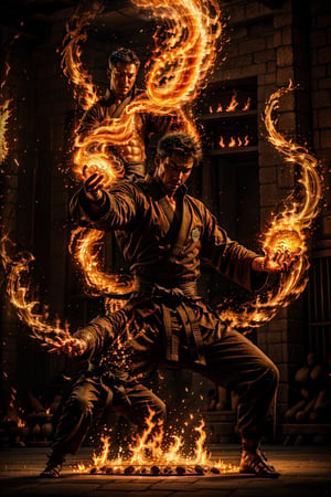 "Generate an image of a slightly muscular man immersed in martial arts training, his hands radiating a fiery magical glow. Capture the dynamic moment as he seamlessly blends his martial prowess with the power of fire magic, creating an impressive and captivating scene." 1 man,, 