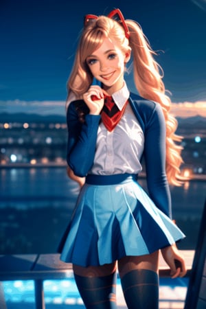 
TWINTAILS, TWIN DRILLS, Luna_MM, twin tails, drill hair, blonde, blond_hair, big hair, big red ribbon in hair, cowboy shot, scenic view, smile, parted lips , striped tights,blue dress, school uniform, skirt, 

exploding fireworks ,photorealistic,CLOUD,midjourney