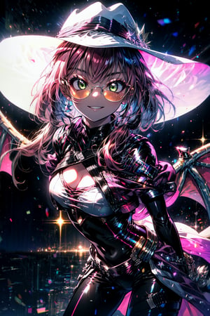 masterpiece, best quality, highres,  solo, 

kisikilevil, pink hair, green eyes, long hair, ponytail, orange-tinted glasses, white capelet, black bodysuit, pink demon wings, white witch hat,

cowboy shot, space station,  smile,  medium breasts, cleavage, leaning forward,close up face, smile, parted lips , night, arms behind back