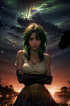   smile,   mature_woman, 27 years old, stern expression, frustrated, disappointed, flirty pose, sexy, looking at viewer, scenic view, Extremely Realistic, high resolution, masterpiece, 


((  Mion Sonozaki, green hair, long hair, green eyes, hair ribbon, white turtleneck sweater, black skirt, yellow necklace, sleeveless, outdoors, bent over, front view, light smile, looking at viewer,
)) (outer space, )), (CLOUD,midjourney, perfect anatomy)

 ((night time, stars, planets, space station, )), ,