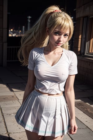   smile,   mature_woman, 27 years old, stern expression, frustrated, disappointed, flirty pose, sexy, looking at viewer, scenic view, Extremely Realistic, high resolution, masterpiece, 

TWINTAILS, TWIN DRILLS, Luna_MM, twin tails, drill hair, blonde, blond_hair, big hair, big red ribbon in hair, ,, long hair, ponytail, french braid, white shirt, short sleeves, white skirt, pleated skirt, cowboy shot, full body,