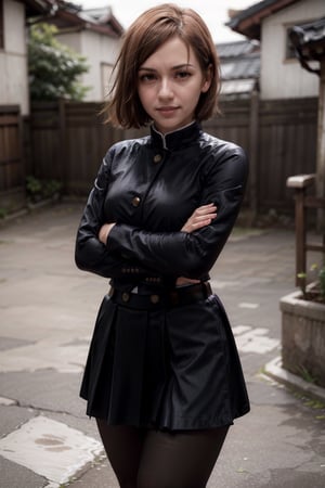   smile,   mature_woman, 27 years old, stern expression, frustrated, disappointed, flirty pose, sexy, looking at viewer, scenic view, Extremely Realistic, high resolution, masterpiece, 

aanobara, short hair, (black jacket:1.2), buttons, long sleeves, black skirt, high-waist skirt, black pantyhose, japanese suburbs, cowboy shot, 