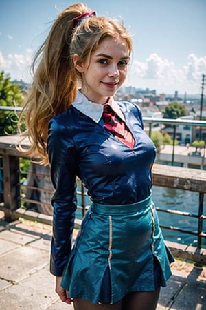  Blue dress, smile,  panties, mature_woman, 27 years old,Luna_MM, twin tails, drill hair, blonde, striped tights,blue dress, school uniform, skirt, blond_hair, big hair, big red ribbon in hair, stern expression, frustrated, disappointed, flirty pose, sexy, looking at viewer, scenic view,Extremely Realistic,TWINTAILS, TWIN DRILLS,REALISTIC,Masterpiece