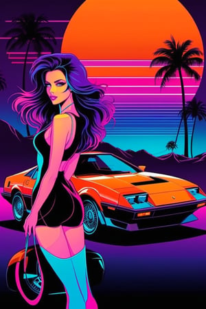 Hot Girl, car, vectorized, synthwave, purple blue red orange, bright neon colors on a dark background,