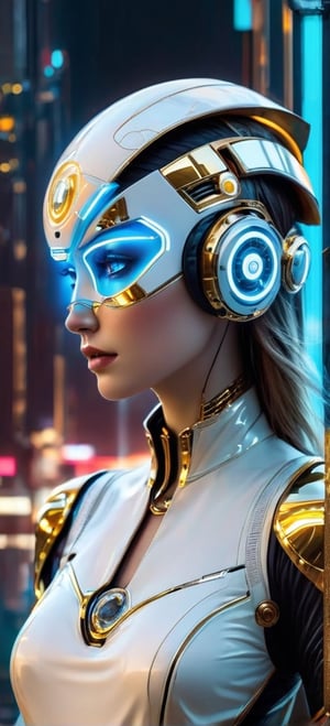 a white and neon blue dotted neon face with circuits on it,space helm visor gold translucent in the style of futuristic (Tron gear) art helmet full gear glamour,Cyber punk steam punk animated gifs, stefan gesell, algorithmic artistry, android jones, tim hildebrandt, pop art consumer culture some translucent 