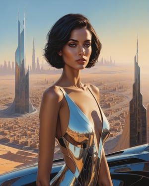 In the futuristic Saudi Arabian Metropolis, a strikingly unique woman with black short hair, brown eyes, and light brown tan skin stands out against the shiny chromed cityscape. Painted in the art style of Syd Mead, the image is a detailed and vibrant digital painting. The woman's features are beautifully illustrated with intricate details, capturing her mysterious allure. The cityscape behind her is depicted with a stunning blend of futuristic elements and traditional Saudi Arabian architecture, adding depth and realism to the scene. Overall, the image is a high-quality, visually captivating masterpiece that seamlessly combines modernity with cultural richness.