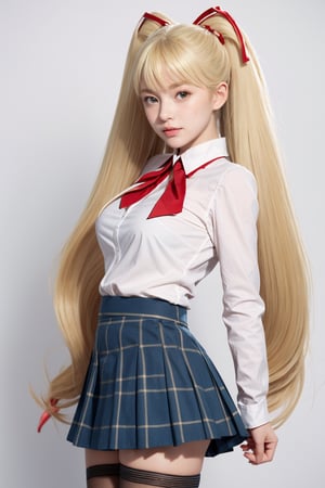 masterpiece, best quality, 1girl, solo, looking at viewer, breasts, , portrait, white background, simple background, 

TWINTAILS, TWIN DRILLS, Luna_MM, twin tails, drill hair, blonde, striped tights,blue dress, school uniform, skirt, blond_hair, big hair, big red ribbon in hair, ,photorealistic,1 girl 