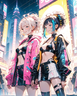 masterpiece, best quality, 2 ((smiling)) cyberpunk girls standing together, Harajuku-inspired cyberpunk body harness, bold colors and patterns, eye-catching accessories, trendy and innovative hairstyle, dazzling Cyberpunk cityscape, skyscrapers, glowing neon signs, LED lights, anime illustration, detailed skin texture, detailed cloth texture, beautiful detailed face, intricate details, ultra detailed, cinematic lighting, strong contrast.