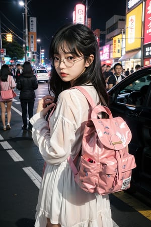 photo of an cute japanese girl in traffic, tokyo street, high crowd, nighttime, neon lights, solo_focus, solo_female, girl wearing headsets, pink backpack,glasses with white transparent frames, starbucks coffee in hands, listening to music, casual_dress, fully_clothed, full_body, blured background, distant shot