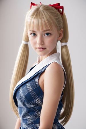 masterpiece, best quality, 1girl, solo, looking at viewer, breasts, , portrait, white background, simple background, 

TWINTAILS, TWIN DRILLS, Luna_MM, twin tails, drill hair, blonde, striped tights,blue dress, school uniform, skirt, blond_hair, big hair, big red ribbon in hair, ,photorealistic