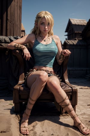   smile,   (mature_woman, 27 years old), stern expression, frustrated, disappointed, flirty pose, sexy, looking at viewer, scenic view, Extremely Realistic, high resolution, masterpiece, 

long blonde hair with a messy braid and some hair covering her left eye), light blue eyes, has a leather headband with metal spikes around it of her forehead, 

from below, royal palace throne, necklace, earrings, full body portrait , (gorgeous, queen, royalty), sitting, 