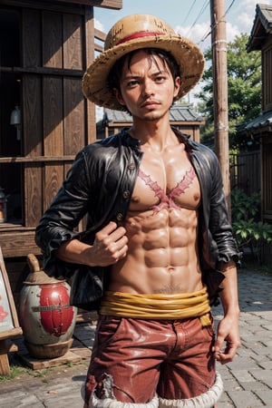  looking at viewer, scenic view, Extremely Realistic, high resolution, masterpiece, 

1utf1 ((wearing straw hat)), pirate era japan,abs, clenched hand, male focus, (scar on chest),red shirt,open clothes, open shirt, short hair, looking at viewer, shorts, sandals, red shirt, solo, straw hat,  