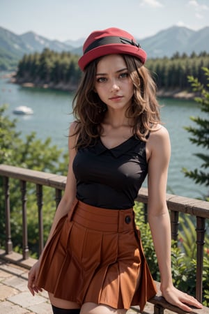   smile,   mature_woman, 27 years old, stern expression, frustrated, disappointed, flirty pose, sexy, looking at viewer, scenic view, Extremely Realistic, high resolution, masterpiece, 

 serena, looking at viewer, eyelashes, hat, sleeveless, long hair, thighhighs, short hair, skirt, black thighhighs, shirt, collarbone, red skirt, pleated skirt, sleeveless shirt