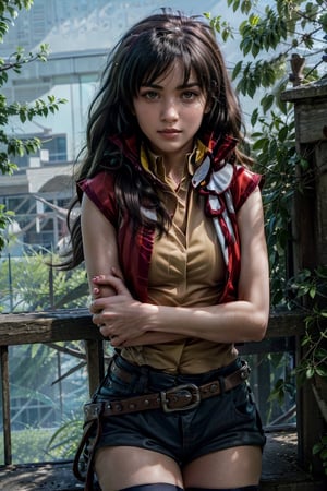   smile,   mature_woman, 27 years old, stern expression, frustrated, disappointed, flirty pose, sexy, looking at viewer, scenic view, Extremely Realistic, high resolution, masterpiece, 

hmrei, long hair, red jacket, collared shirt, yellow shirt, sleeveless, belt, black shorts, black thighhighs