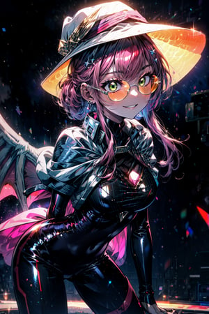 masterpiece, best quality, highres,  solo, 

kisikilevil, pink hair, green eyes, long hair, ponytail, orange-tinted glasses, white capelet, black bodysuit, pink demon wings, white witch hat,

cowboy shot, space station,  smile,  medium breasts, cleavage, leaning forward,close up face, smile, parted lips , night, arms behind back