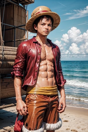  looking at viewer, scenic view, Extremely Realistic, high resolution, masterpiece, 

1utf1 ((wearing straw hat)), pirate ship background, water, ocean, abs, clenched hand, male focus, red shirt,open clothes, open shirt, short hair, looking at viewer, shorts, sandals, red shirt, solo, straw hat,  