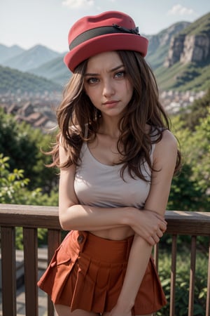   smile,   mature_woman, 27 years old, stern expression, frustrated, disappointed, flirty pose, sexy, looking at viewer, scenic view, Extremely Realistic, high resolution, masterpiece, 

serena, hat, sleeveless, long hair, thighhighs,  skirt, black thighhighs, shirt, collarbone, red skirt, pleated skirt, sleeveless shirt