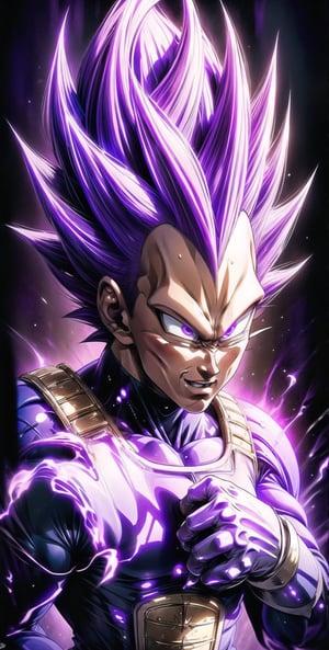 We can visualize the iconic character from the animated series Dragon Ball Z, Vegeta Ultra Ego, full power. (Violet hair:1.9). Perfect violet eyes, with his characteristic blue warrior suit. Flashes of light and electricity surround violet his entire body,  with an extremely aggressive appearance, smiling laugh. Machiavellian, cunning, perverse, malignant, evil. His ki is immense and mystical violet color. He is at the culmination of a great battle for the fate of universe 7. The image quality and details have to be worthy of one of the most famous characters in all of anime history and honor him as he deserves. which reflects the design style and details of the great Akira Toriyama. Full body:1.8, face front, battlefield background 



PNG image format, sharp lines and borders, solid blocks of colors, over 300ppp dots per inch, 32k ultra high definition, 530MP, Fujifilm XT3, cinematographic, (photorealistic:1.6), 4D, High definition RAW color professional photos, photo, masterpiece, realistic, ProRAW, realism, photorealism, high contrast, digital art trending on Artstation ultra high definition detailed realistic, detailed, skin texture, hyper detailed, realistic skin texture, facial features, armature, best quality, ultra high res, high resolution, detailed, raw photo, sharp re, lens rich colors hyper realistic lifelike texture dramatic lighting unrealengine trending, ultra sharp, pictorial technique, (sharpness, definition and photographic precision), (contrast, depth and harmonious light details), (features, proportions, colors and textures at their highest degree of realism), (blur background, clean and uncluttered visual aesthetics, sense of depth and dimension, professional and polished look of the image), work of beauty and complexity. perfectly symmetrical body.
(aesthetic + beautiful + harmonic:1.5), (ultra detailed face, ultra detailed perfect eyes, ultra detailed mouth, ultra detailed body, ultra detailed perfect hands, ultra detailed clothes, ultra detailed background, ultra detailed scenery:1.5),



detail_master_XL:0.9,SDXLanime:0.8,LineAniRedmondV2-Lineart-LineAniAF:0.8,EpicAnimeDreamscapeXL:0.8,ManimeSDXL:0.8,Midjourney_Style_Special_Edition_0001:0.8,animeoutlineV4_16:0.8,perfect_light_colors:0.8,SAIYA,yuzu2:0.3,super Saiyan,UE_vegeta,SSJ 3 V2:0.8