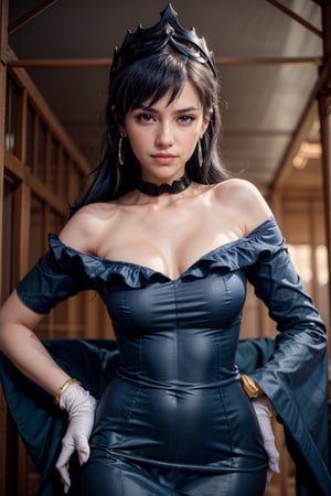   smile,   mature_woman, 27 years old, stern expression, frustrated, disappointed, flirty pose, sexy, looking at viewer, scenic view, Extremely Realistic, high resolution, masterpiece, 

bellelba, medium hair, earrings, crown, detached collar, off-shoulder dress, long dress, wide sleeves, white elbow gloves, (indigo color hair), 