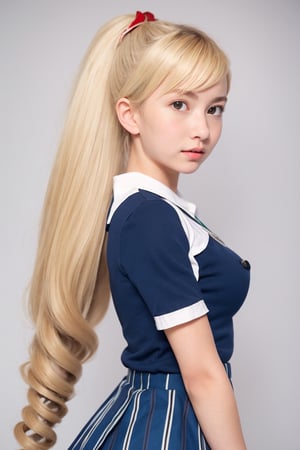 masterpiece, best quality, 1girl, solo, looking at viewer, breasts, , portrait, white background, simple background, 

TWINTAILS, TWIN DRILLS, Luna_MM, twin tails, drill hair, blonde, striped tights,blue dress, school uniform, skirt, blond_hair, big hair, big red ribbon in hair, ,photorealistic