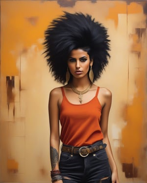 A rebellious Saudi Arabian woman, her black hair styled into a punk rock inspired look, complements her brown eyes and light brown tan skin. The image, possibly a vibrant painting or a striking photograph, captures her bold and unique style with precision. Every detail, from her edgy clothing to her unconventional appearance, exudes an air of confidence and individuality. The high quality of the image allows viewers to truly appreciate the essence of her unconventional beauty and self-expression.