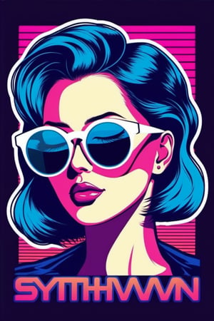 synthwave woman with glasses, vector logo sticker, masterwork, manga pulp style, flat shading, solid background color, t-shirt design