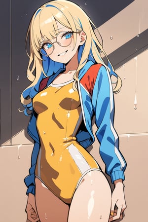 1 girl, Luna, yellow hair, (round glasses), (blue eyes: 1.5), loose hair, messy hair, shaved side of the head, head swept to one side. She wears school swin suit, cry, wet,

Masterpiece, best quality, 4k, absurdres. Shiny eyes, smirk, 2D, flat tones, flat shading, white outline, cel shading. From below.